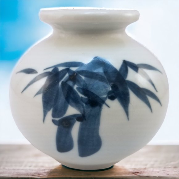 Vintage Japanese Bamboo Ginger Jar Glazed Cobalt Blue White Porcelain Vase - Picture 2 of 7